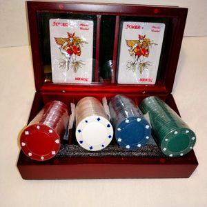 Unique Poker Set in Cherry Stain Double Decker Wood Box. 2 decks 120 Chips